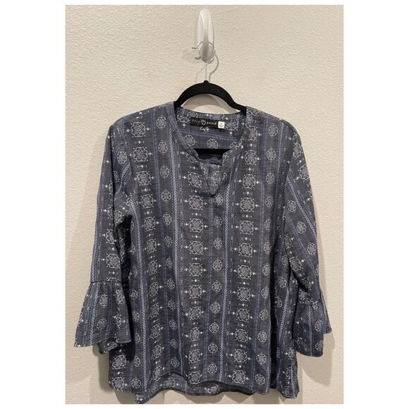 FRED DAVID Blue Printed Boho Ruffled Sleeve Blouse - Picture 1 of 4